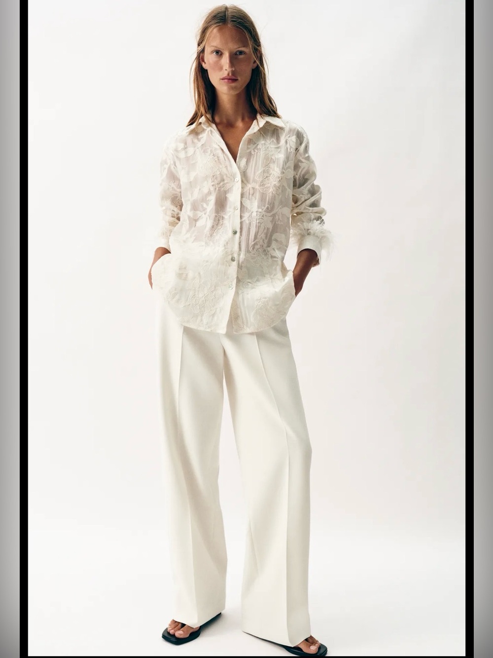 ✨ NWT ZARA Feather Embroidered Semi-Sheer Shirt Blouse ✨ Size medium